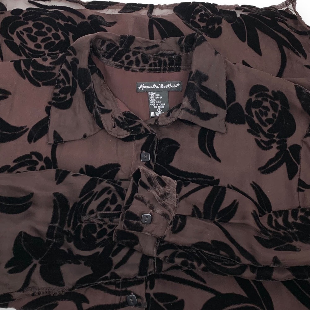 90's brown silk button down blouse with black velvet roses and sheer sleeves - Picture 6 of 16